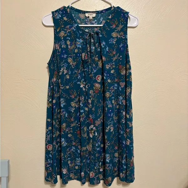 Umgee Teal Floral Sleeveless Boho Tunic Top Tie Neck Size M - Image 2