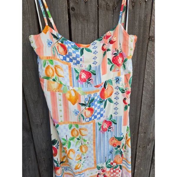 Paper Heart | Anthropologie Floral Fruit Patchwork Print Maxi Tie Back Dress L - Image 2