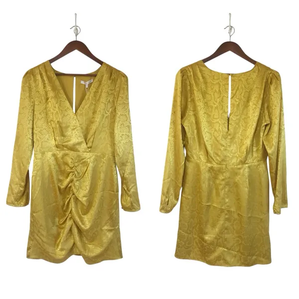 WAYF Yellow Gold Snake Print Long Sleeve Mini Dress Ruched Low Cut Large New‎ - Image 2