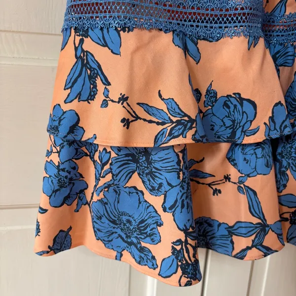 Alice + Olivia Jade Ruffled Floral Midi Dress Coral Blue Lace‎ Illusion Size 12 - Image 13