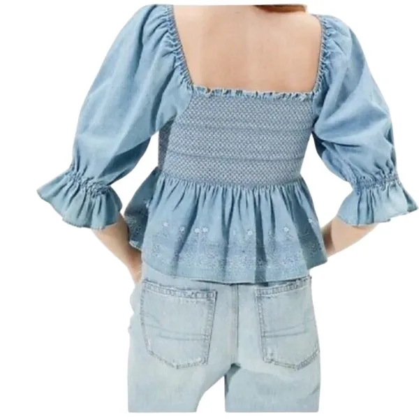 American Eagle Smocked Denim Peplum‎ Top Womens Small Blue Embroidered Babydoll - Image 2