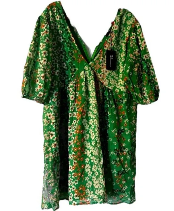 ASOS Wednesday's Girl puff sleeve mini smock dress in green patchwork - Image 6
