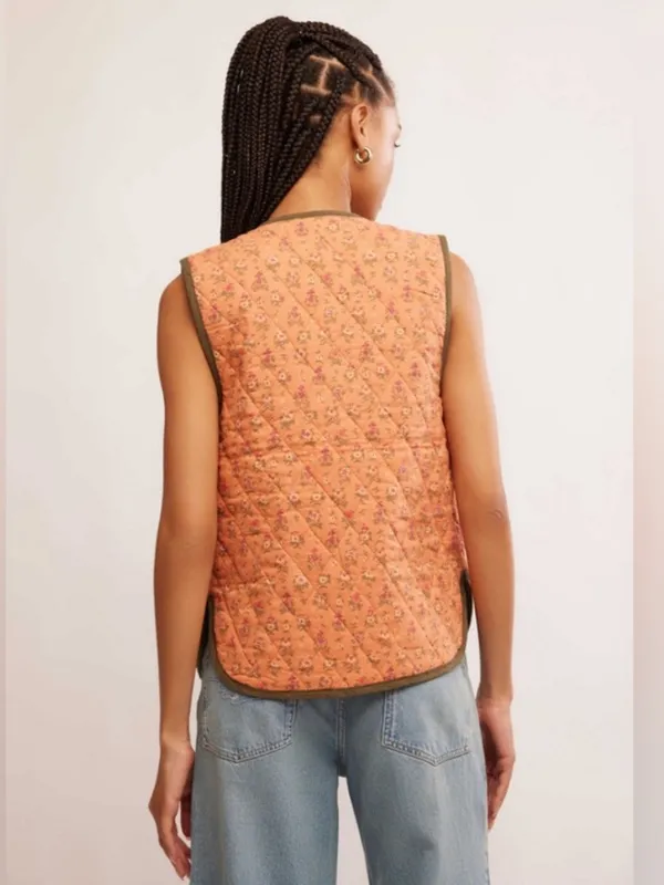 Free People Quilted Floral Peach Tie-Front Vest - Image 4