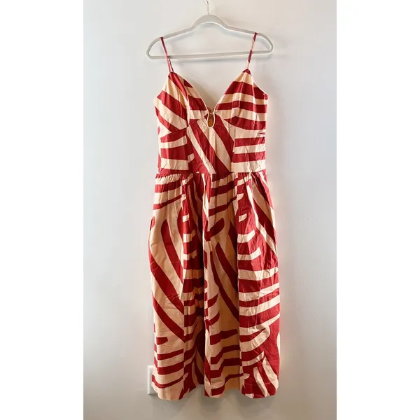 Mon Renn Geometric Cotton Drop Waist Midi Dress Maroon Red Medium - Image 2