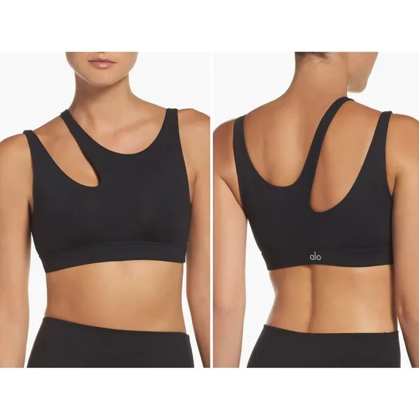 ALO YOGA Peak Sports Bra Cut Out Asymmetric One Shoulder Dark Gray Size Medium - Image 2