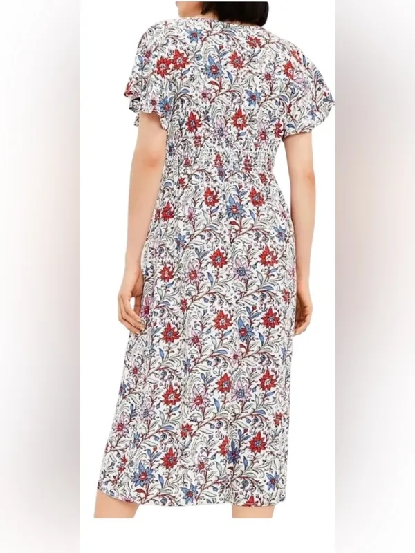 LOFT Floral Flutter Sleeve Midi Pocket Dress size 4 cute w/a Jean jacket - Image 2