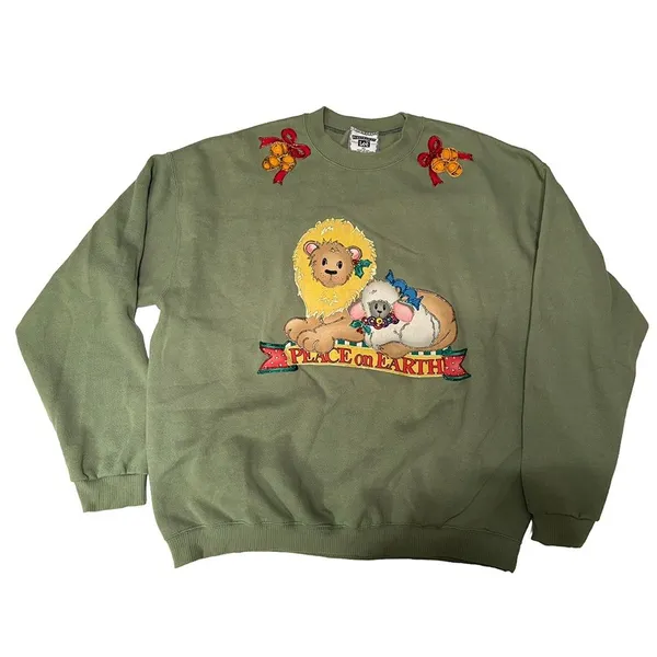 Lee Ugly Christmas Sweatshirt | Vintage "Peace on Earth" Lion & Lamb | Size XL - Image 5