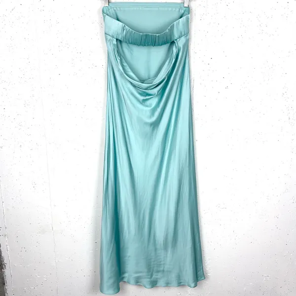 French Connection Oona Satin Strapless Midi Dress Pastel Turquoise Size Medium - Image 14