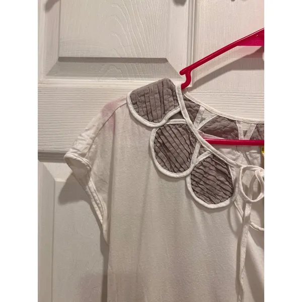 Anthropologie Deletta Womens Large White Scalloped Petal Collar‎ Tie Neck Tee L - Image 2