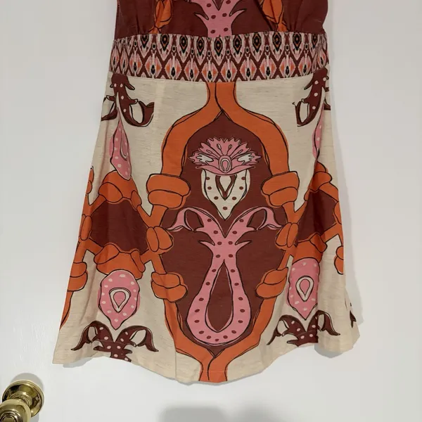 Soul of Mu Halter Mini Dress Beige Salmon Geometric Floral Linen Blend Large NEW - Image 5