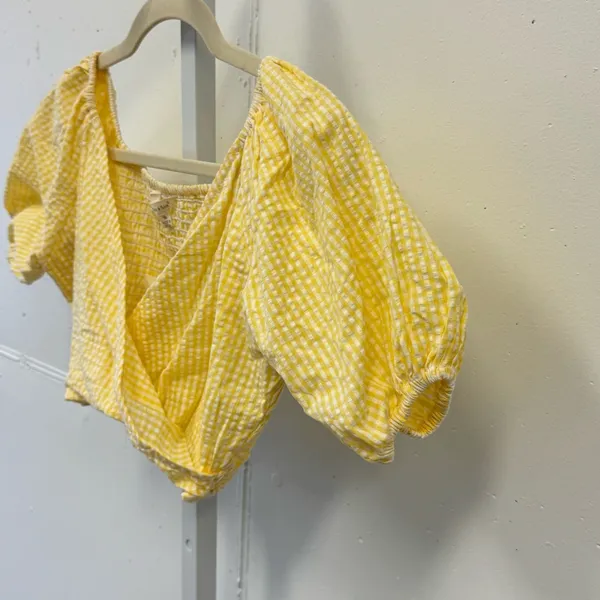 NWT Anthropologie Sim & Sam Yellow Gingham Picnic Crop Top Puff‎ Sleeve Small - Image 3