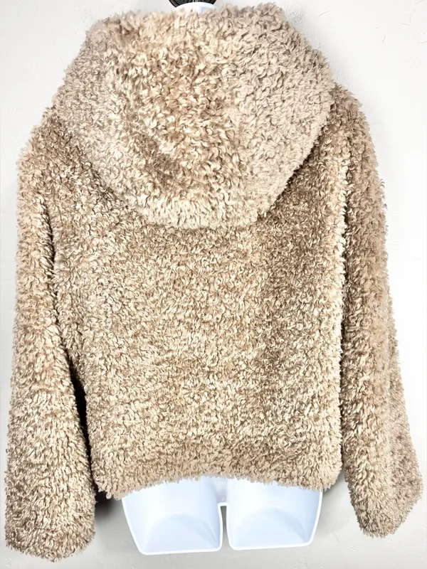 Galita Cozy Khaki Teddy Toggle Jacket with Hood Size Small Tan - Image 4