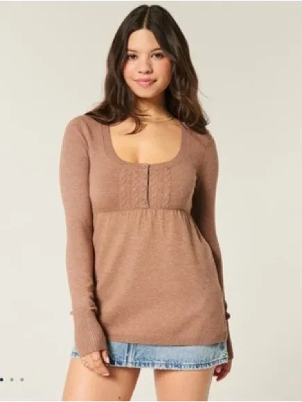 Hollister Easy‎ Cable-Knit Babydoll Sweater in Light Brown Size S - Image 2