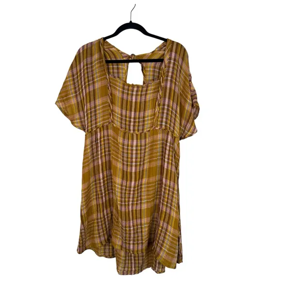 Anthropologie Yellow Pink Plaid Mini Dress Womens L Babydoll Boho Tie Back - Image 3