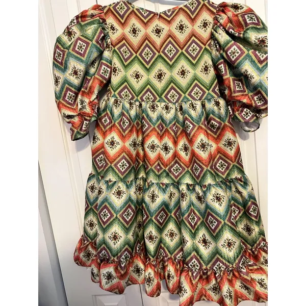 Autumn Adeigbo Mini Dress Babydoll Green Orange Puff Sleeve Size 2 Eclectic Luxe - Image 6