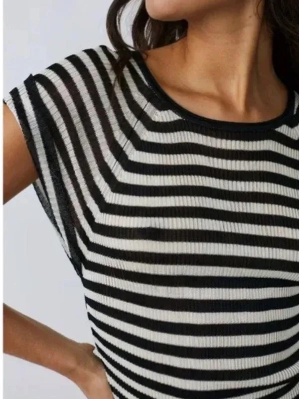 FREE PEOPLE Slinky Baby Tee Black White Striped - Size Large - Image 2
