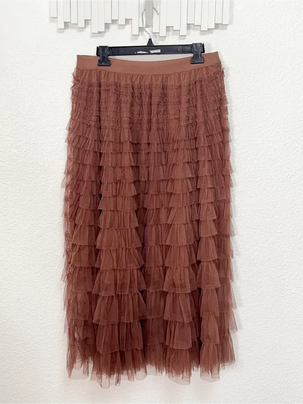 Miss Sparkling Mocha Brown Tiered Tulle Ruffle Midi Skirt - Image 6