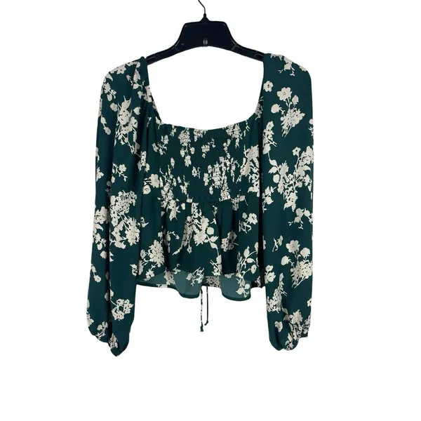 Abercrombie & Fitch Milkmaid Floral Top Green Cottagecore Puff Sleeve Smocked M - Image 4