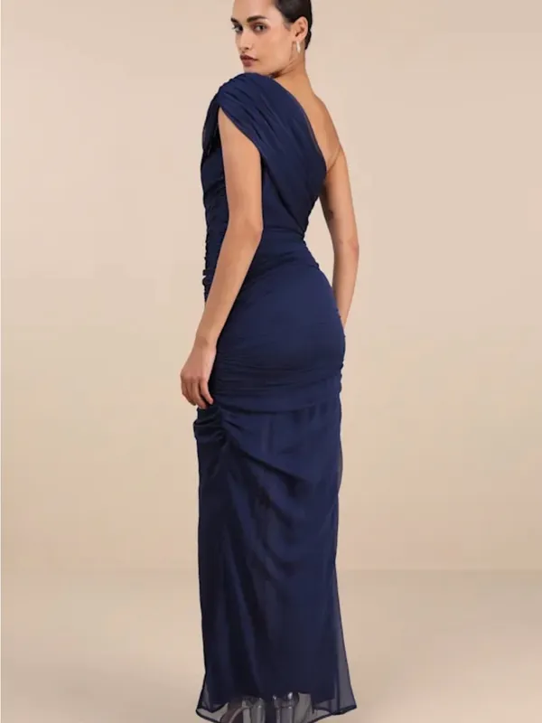 Lulu's Midnight Navy One-Shoulder Ruched Slit Gown - Image 2