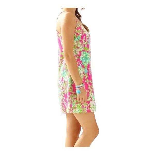 Lilly Pulitzer Silk Shift Dress Womens‎ XS Pink Floral T-Strap V-Neck Mini Silk - Image 3