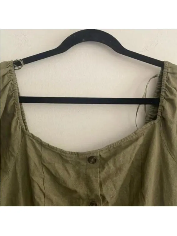 Love Tree Green Square Neck Linen Blend Midi Dress Cap Sleeve - Image 2
