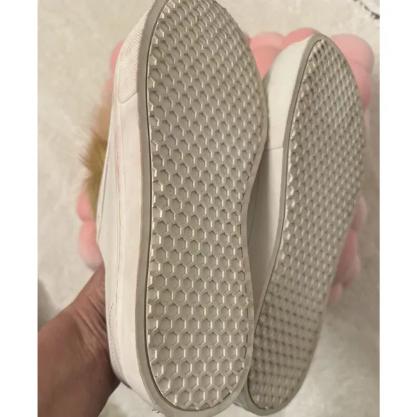 Sam Edelman Leya White Leather Tan Blush Faux Fur Pom Pom Sneaker Shoes Sz 8.5 - Image 6