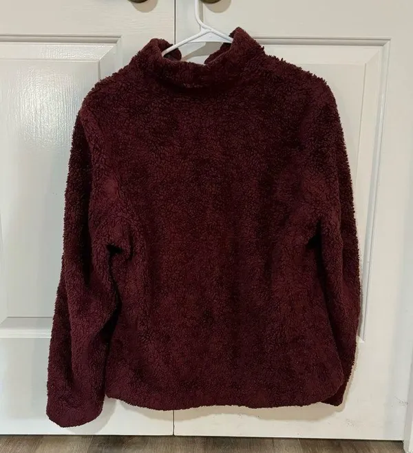 Women’s Burgundy Maroon Full Zip Jacket Sherpa Fuzzy Wool Pocket M - Image 2