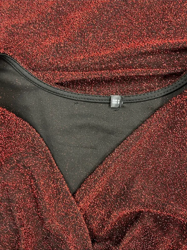 Elegant Burgundy Shimmer Faux Wrap Dress - Puff Sleeves Tulip Hem - Image 10