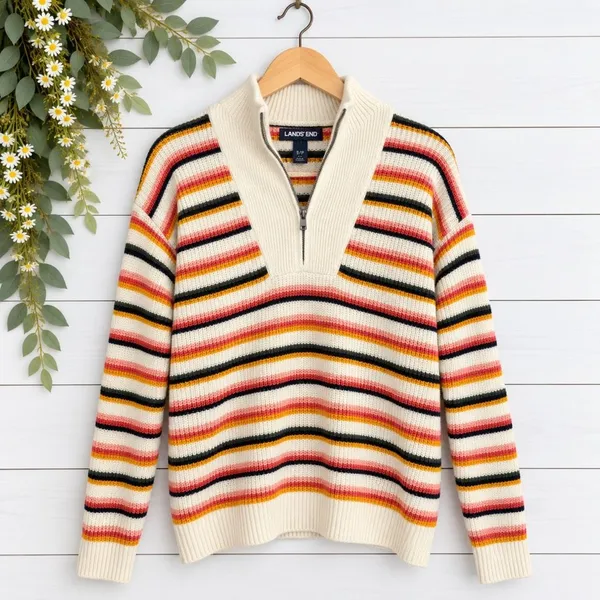 Lands’ End cotton drifter multi color ribbed pullover sweater S - Image 2