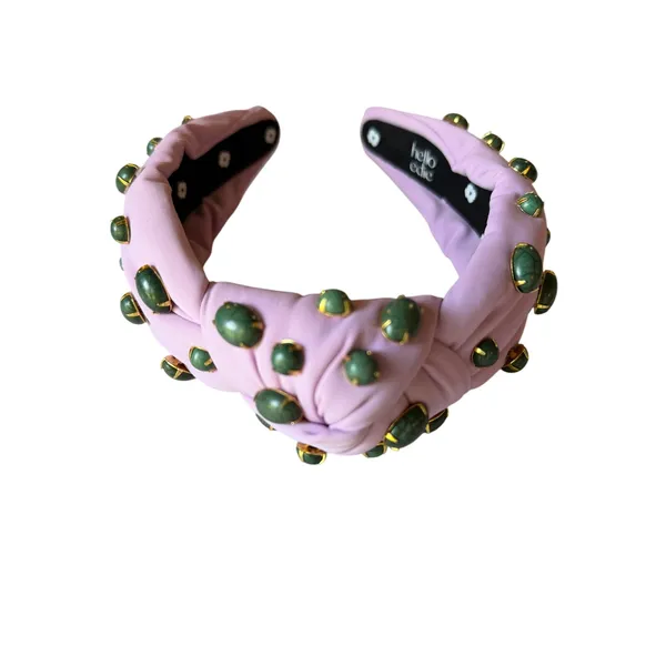 Hello Edie Pink Knotted Headband Green Gemstone Embellished Statement Headband - Image 8