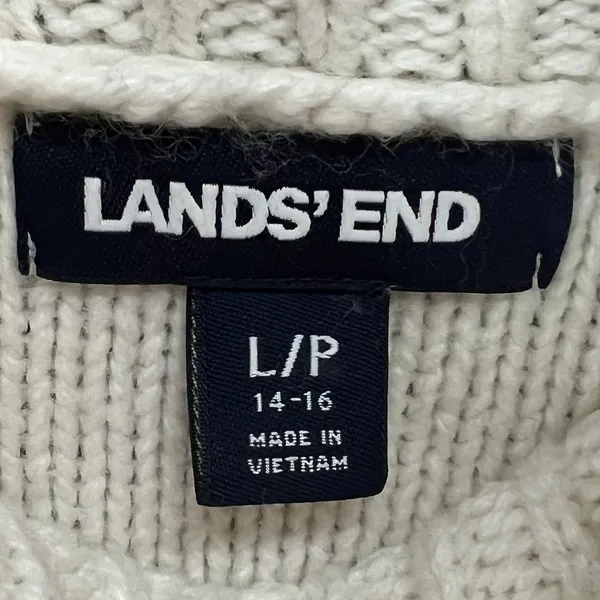 Lands End Sweater‎ Womens L Petite Cream Cable Knit Fisherman Turtleneck Cozy - Image 11