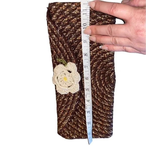 Handmade brown rope embroidered clutch crochet flower boho western 70s - Image 4