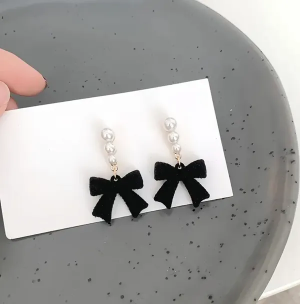 NEW Elegant Black Bow Dangle Earrings with Faux Pearl Accents, Trendy Earrings - Image 3