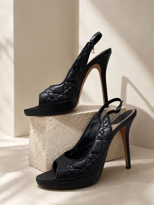 Dior | Navy Quilted Open-Toe Slingback Heels with D Charm | 39 - Image 2