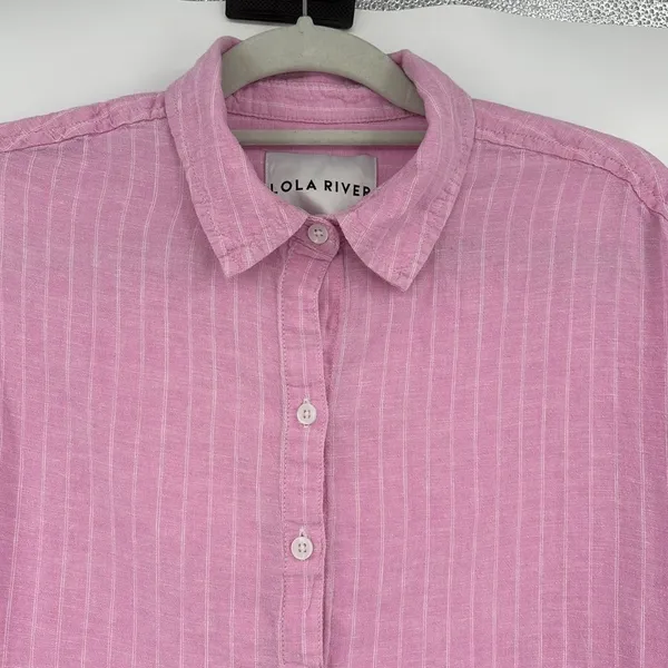 Lola River Linen Blend Pin Stripe Button Womens Shirt Sz M Pink Preppy Coastal - Image 3