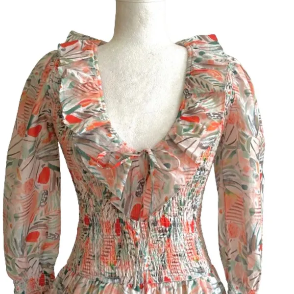 Vestique Sammie Dress Peach Green Floral Smocked Deep V-Neck Mini Small NEW - Image 4