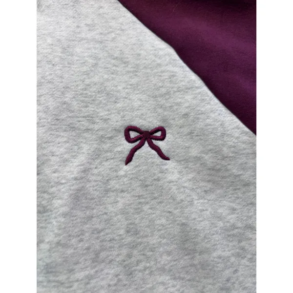 Edikted Womens Burgundy Grey Melange Raglan Bow Embroidered Fleece Hoodie XS - Image 4