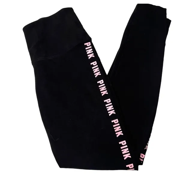 PINK by Victoria's Secret High Waisted Black Leggings Logo on sides SZ Small - Image 3