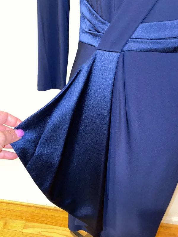 American Living Gabrielle Navy Blue Longsleeve Ruffle Satin Sheath Dress Size 6 - Image 5