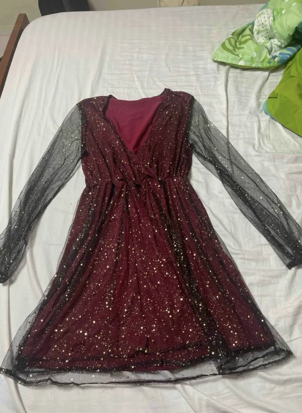 Bling Mesh Sleeve Long Red Maroon Mini Flare Dresss Small Nwot V - Image 4