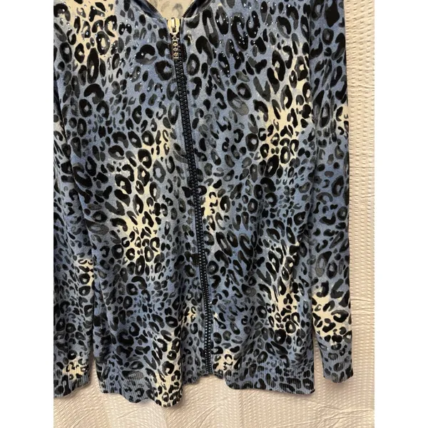 Quacker Factory Blue Leopard Print Full Zip Up Hoodie Size M Sparkle Embellished‎ - Image 3