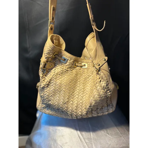 Cole Haan Genevieve Tan Woven Leather Hobo Bag Optical Weave Tassel Shoulder Bag - Image 9