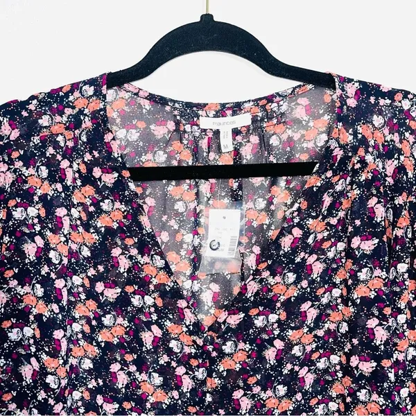 Maurices Blouse Black Pink Ditsy Floral V-neck Button Front NWT - Image 2