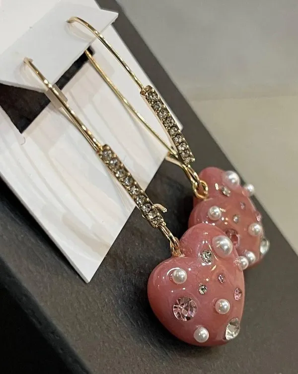 Betsey Johnson Pink Marble Hearts Rhinestones & Mini-Pearls French Hook - Image 4