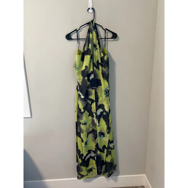 New Eloquii Halter Maxi Dress Chartreuse Black Watercolor Print Size 18 - Image 2