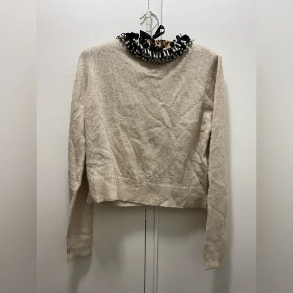 NWT Zara Beaded Collar Cropped Sweater in Cream Size Small alpaca wool - Image 3
