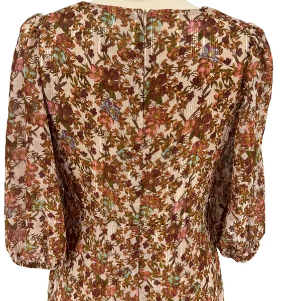 Taylor Floral High-Low Midi Dress‎ 8 Brown Gold Metallic Boho Puff Sleeve - Image 10