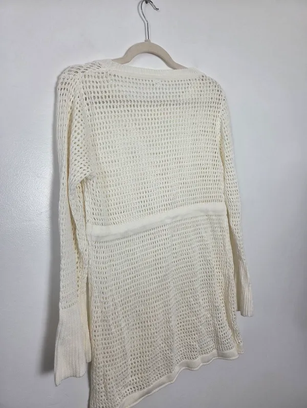 Ivory Cream Loose Knit Swim Cover Up Long Sleeve Sheer Cottagecore Beach Boho L - Image 12