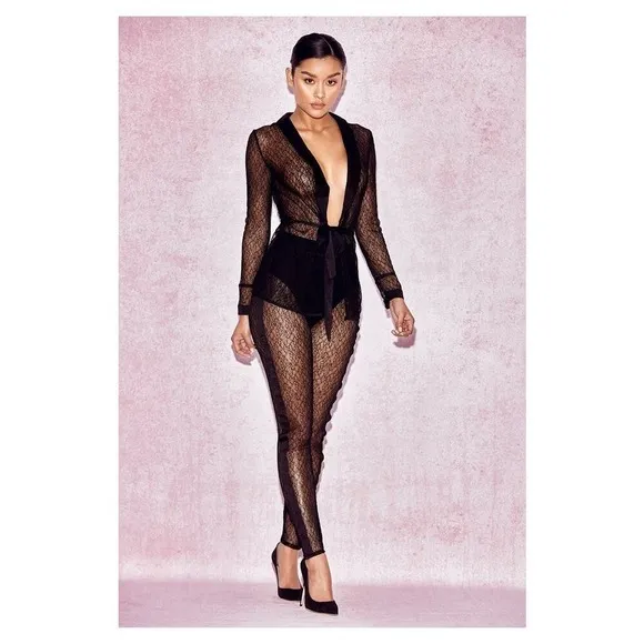 House Of CB London SHEER BLACK LACE TUXEDO AND TROUSERS TWO PIECE SET - Image 2