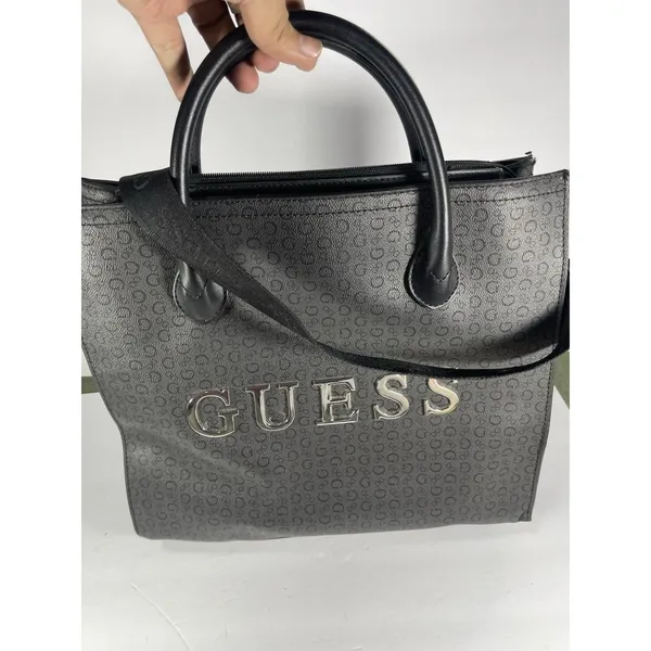 GUESS Gray/Black Logo Print Satchel Top Handle Bag Zip w/ Detachable Strap - Image 13